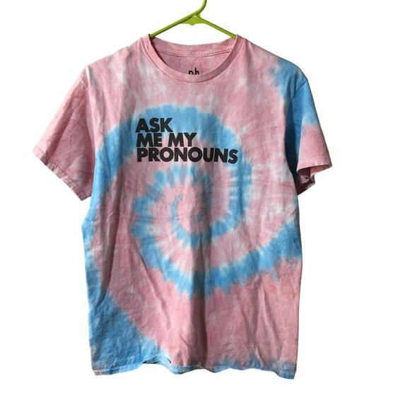 THE PHLUID PROJECT ASK ME MY PRONOUNS T-SHIRT BLUE PINK WHITE TIE DYE MENS MEDIU - Picture 1 of 4